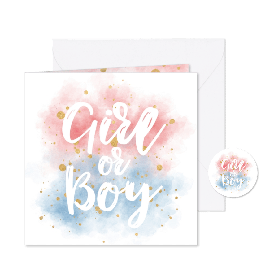 Uitnodiging gender reveal party met gouden confetti - Kaartimpressie