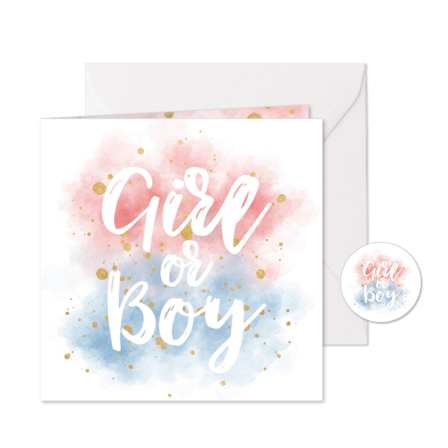 Uitnodiging gender reveal party met gouden confetti - Kaartimpressie