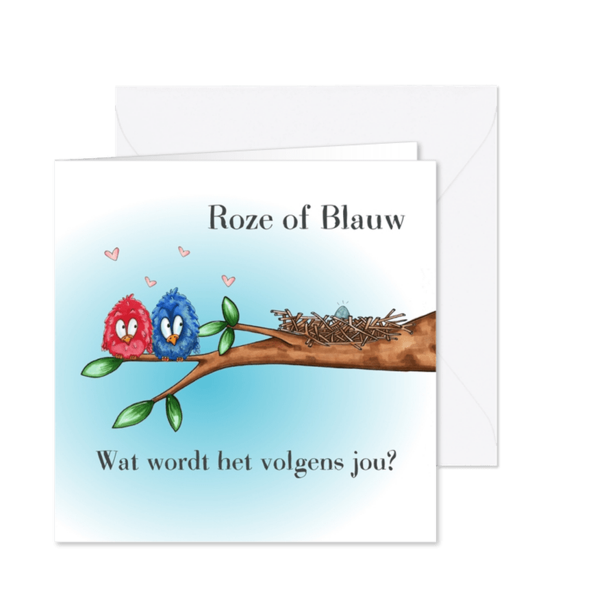 Uitnodiging gender reveal party vogels op tak met ei - Kaartimpressie