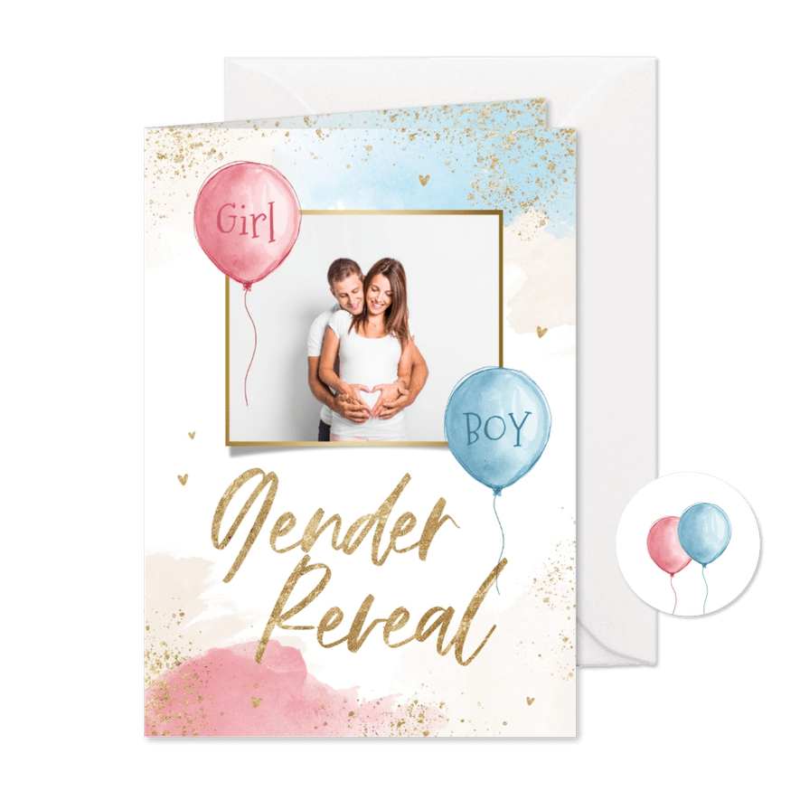 Uitnodiging gender reveal party waterverf blauw roze foto - Kaartimpressie