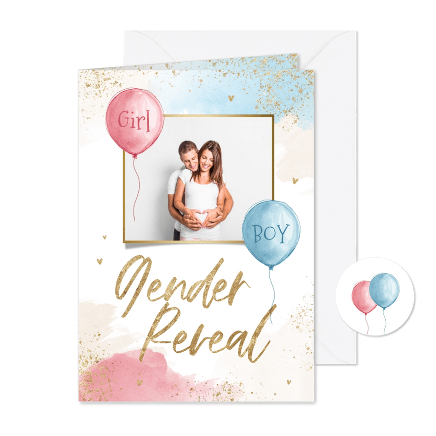 Uitnodiging gender reveal party waterverf blauw roze foto - Kaartimpressie
