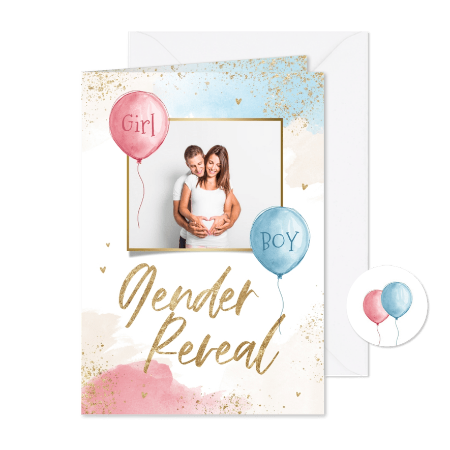 Uitnodiging gender reveal party waterverf blauw roze foto - Kaartimpressie