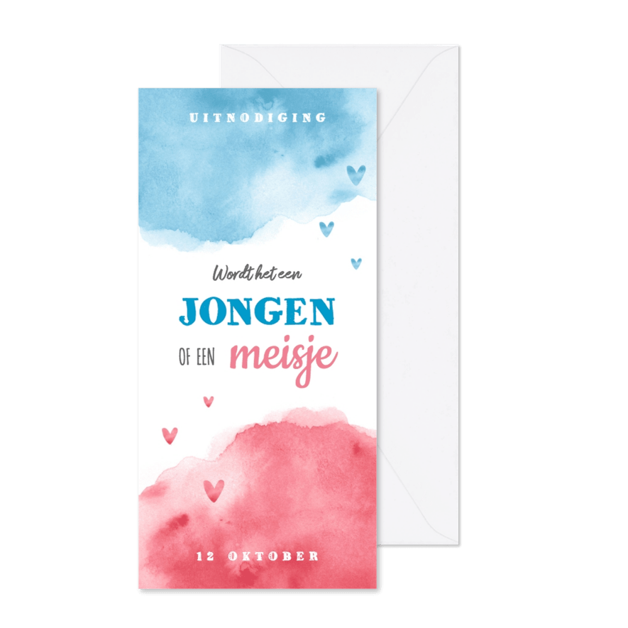 Uitnodiging gender reveal party waterverf jongen meisje - Kaartimpressie