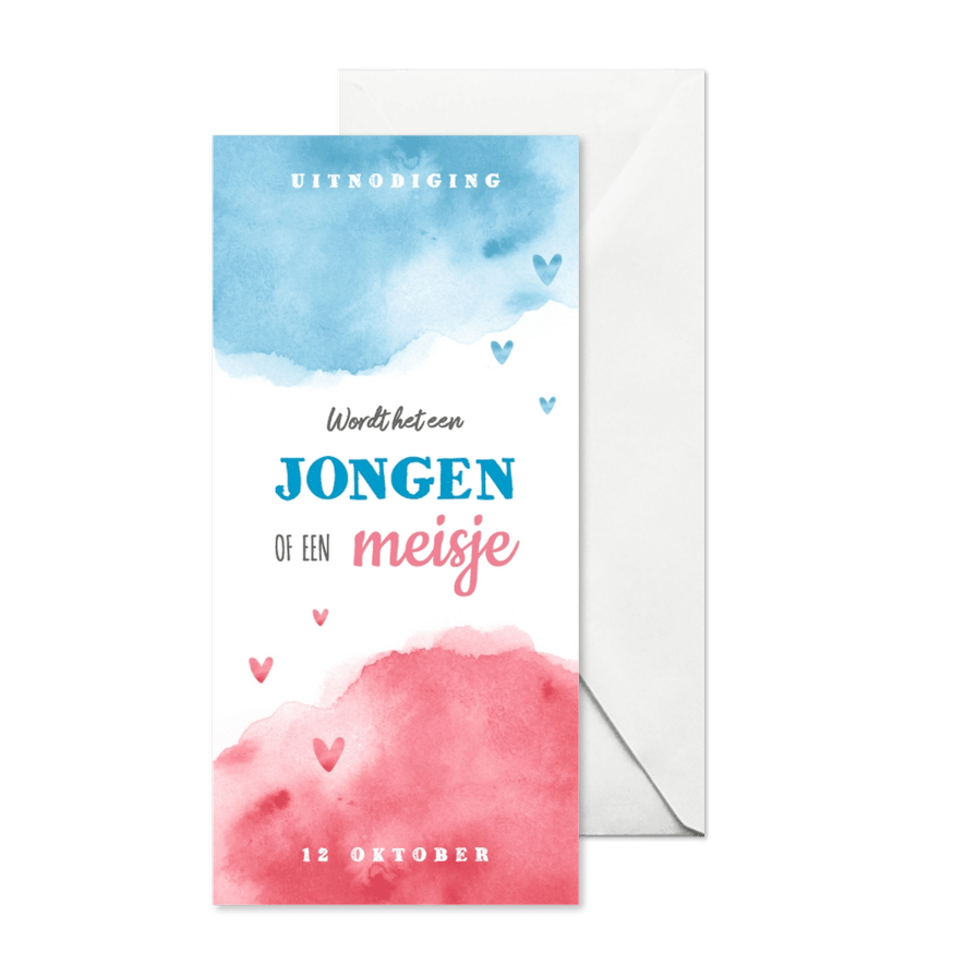 Uitnodiging gender reveal party waterverf jongen meisje - Kaartimpressie