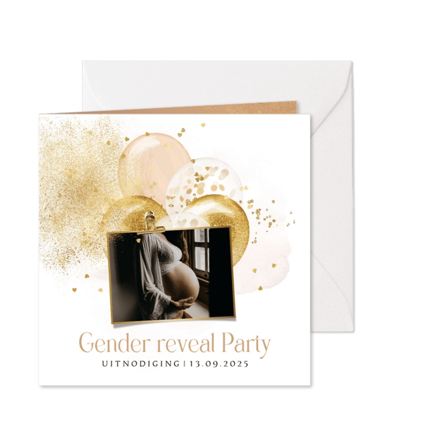 Uitnodiging gender reveal stijlvol ballonnen confetti goud - Kaartimpressie