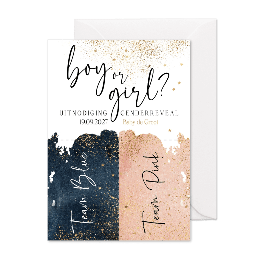 Uitnodiging genderreveal fotoprops diy watercolour goud - Kaartimpressie