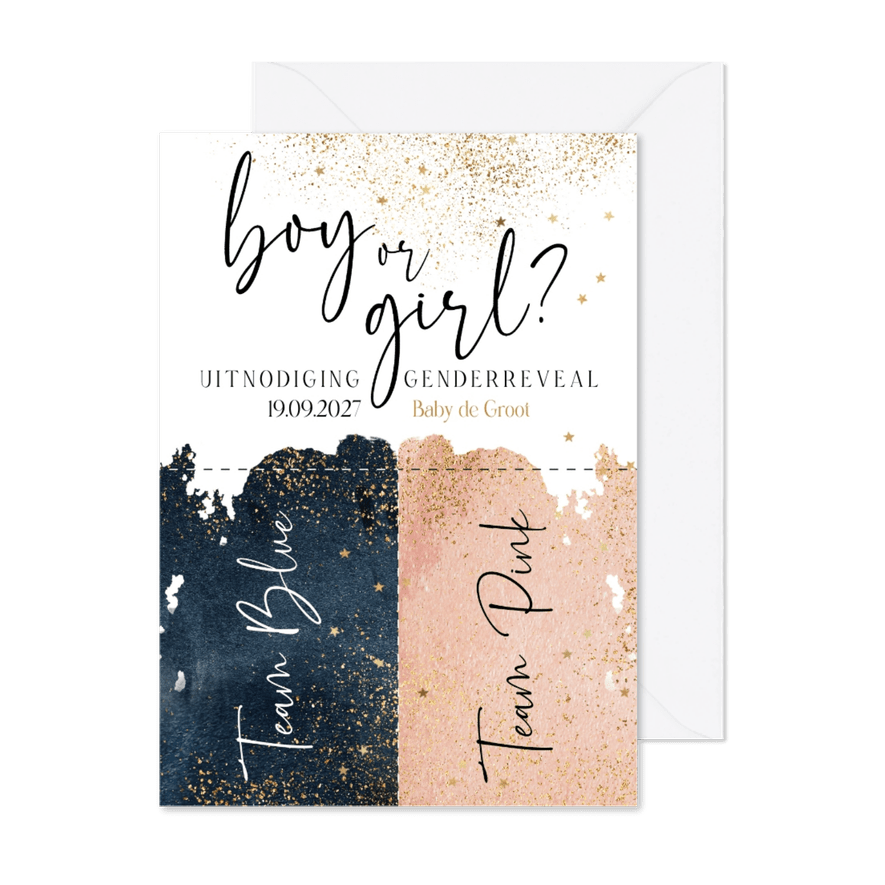 Uitnodiging genderreveal fotoprops diy watercolour goud - Kaartimpressie