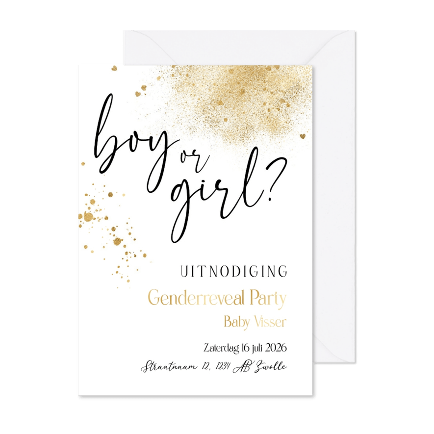 Uitnodiging genderreveal klassiek spetters goudlook hartjes - Kaartimpressie