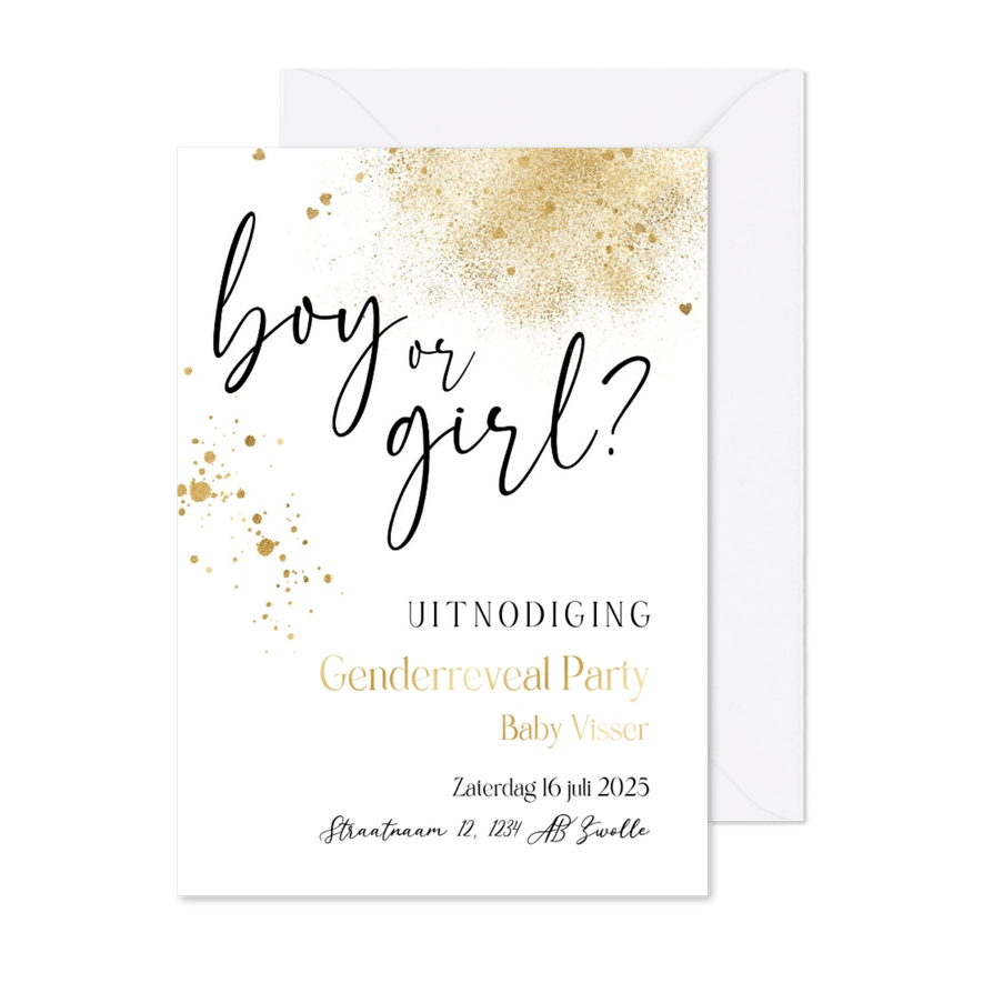 Uitnodiging genderreveal klassiek spetters goudlook hartjes - Kaartimpressie