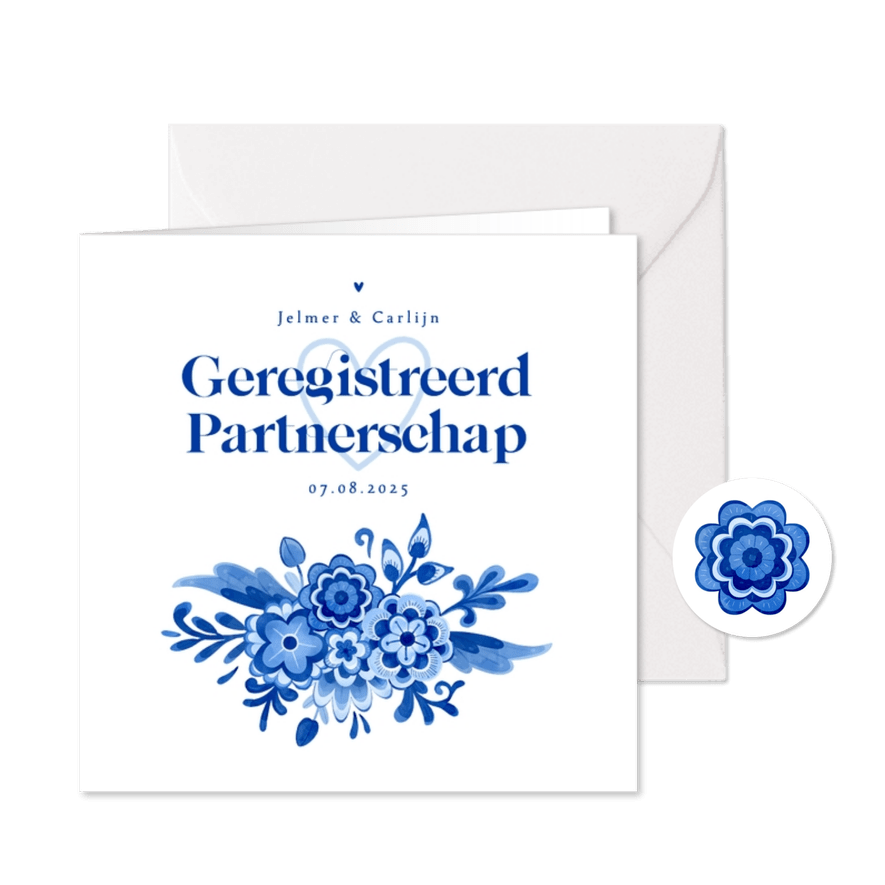 Uitnodiging geregistreerd partnerschap bloemen Delfts blauw - Kaartimpressie