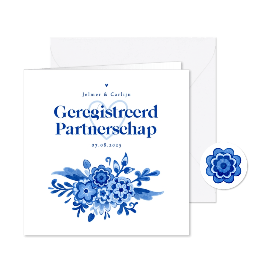 Uitnodiging geregistreerd partnerschap bloemen Delfts blauw - Kaartimpressie