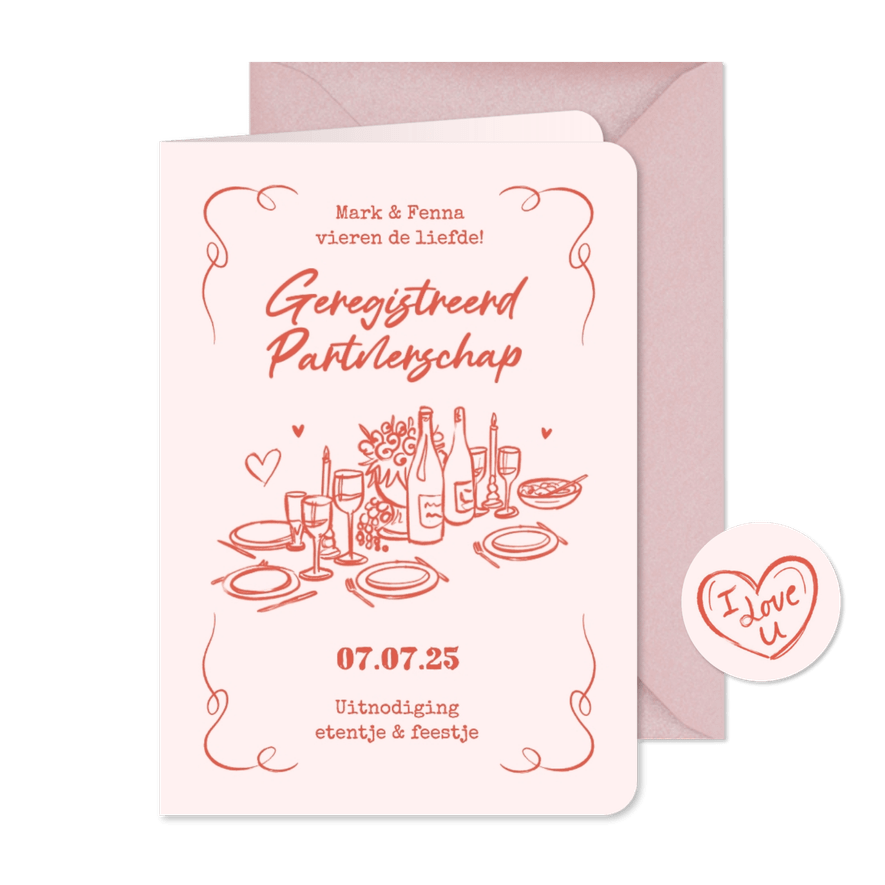 Uitnodiging geregistreerd partnerschap etentje doodle roze - Kaartimpressie