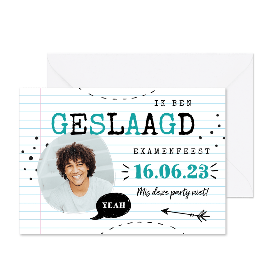 Uitnodiging geslaagd examenfeest papier foto - Kaartimpressie