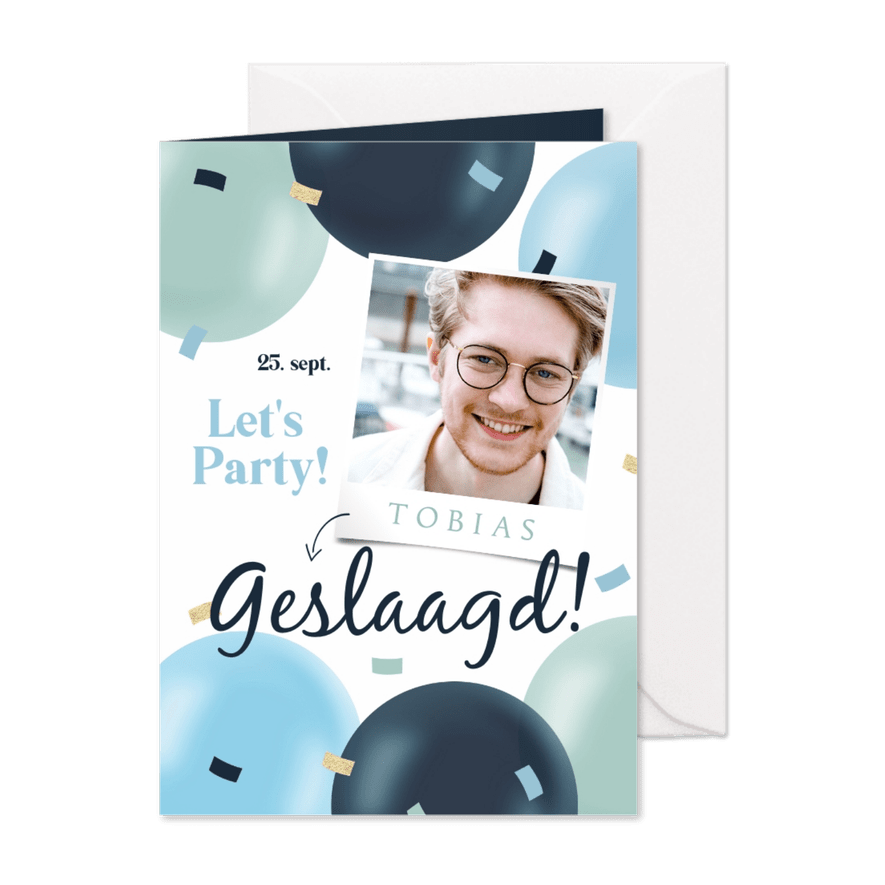 Uitnodiging geslaagd examenfeestje ballonnen confetti foto - Kaartimpressie