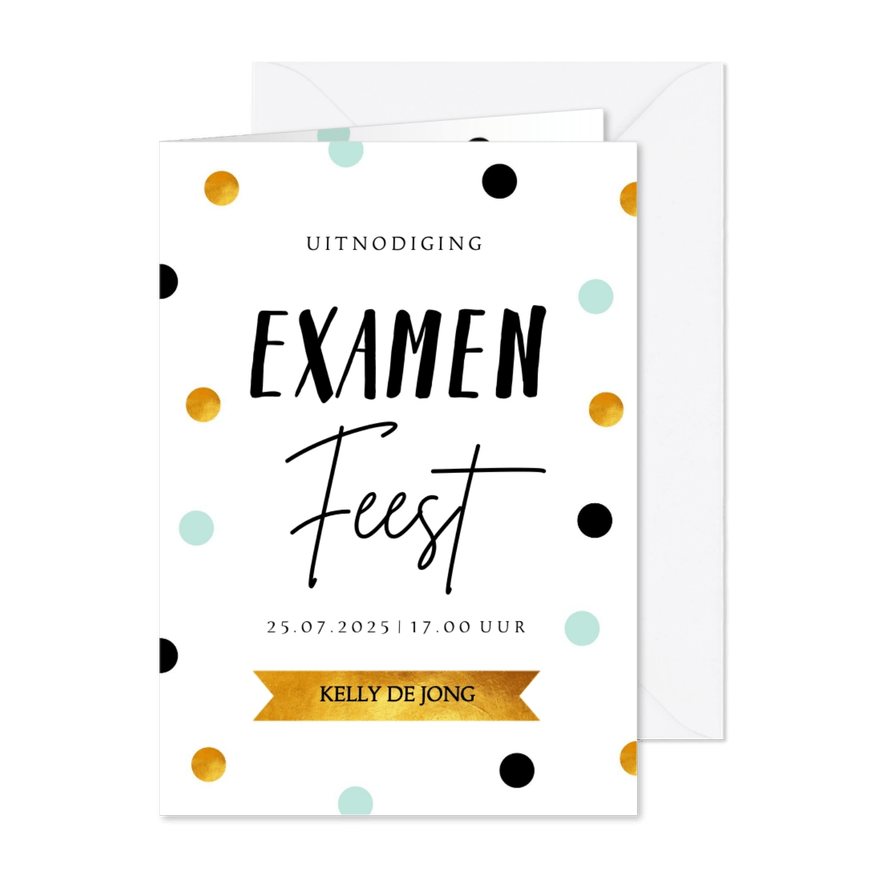 Uitnodiging geslaagd feest confetti goudlook - Kaartimpressie