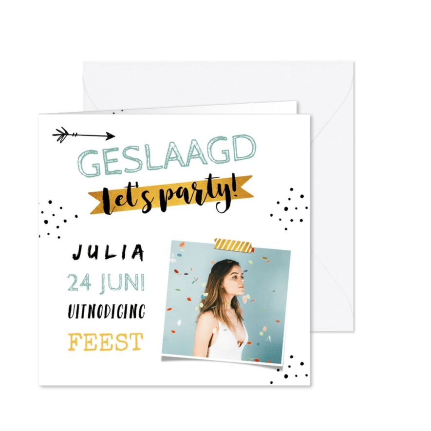 Uitnodiging geslaagd hip confetti goud foto - Kaartimpressie