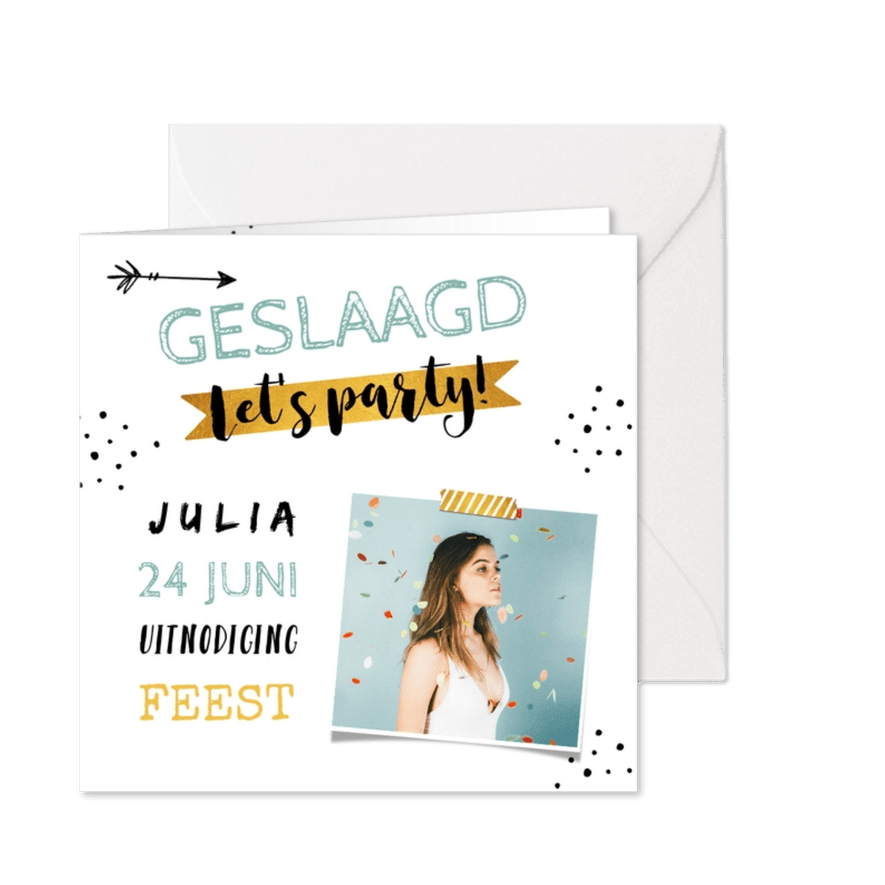 Uitnodiging geslaagd hip confetti goud foto  - Kaartimpressie