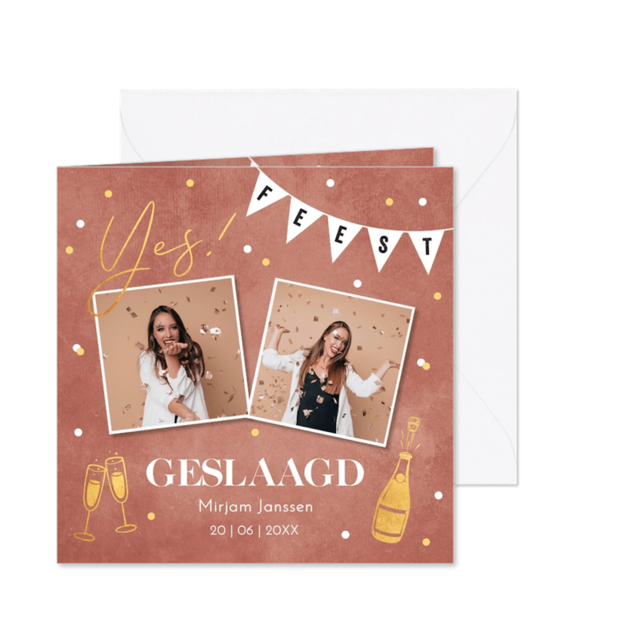 Uitnodiging geslaagd vrouw foto slinger goudlook confetti - Kaartimpressie