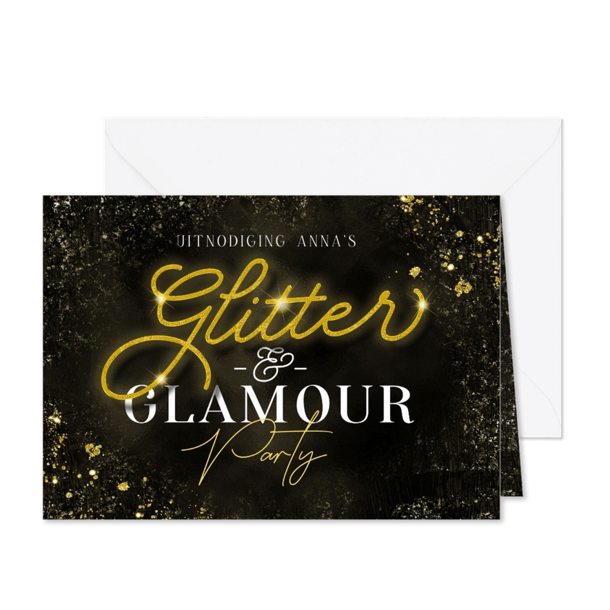 Uitnodiging Glitter & Glamour party goud typografisch - Kaartimpressie