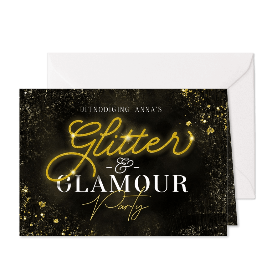 Uitnodiging Glitter & Glamour party goud typografisch - Kaartimpressie