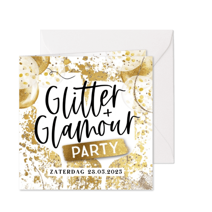 Uitnodiging 'Glitter&Glamour Party' goudlook wijn spetters - Kaartimpressie