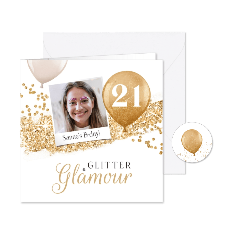 Uitnodiging glitter glamour goud foto ballonnen thema - Kaartimpressie