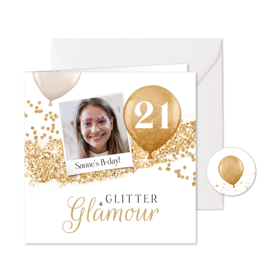 Uitnodiging glitter glamour goud foto ballonnen thema - Kaartimpressie