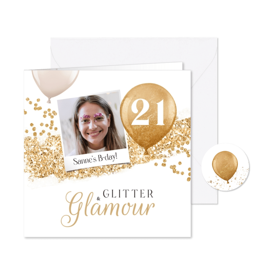 Uitnodiging glitter glamour goud foto ballonnen thema - Kaartimpressie