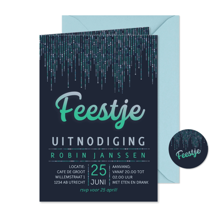 Uitnodiging glitterketting blauw groen met teksten - Kaartimpressie