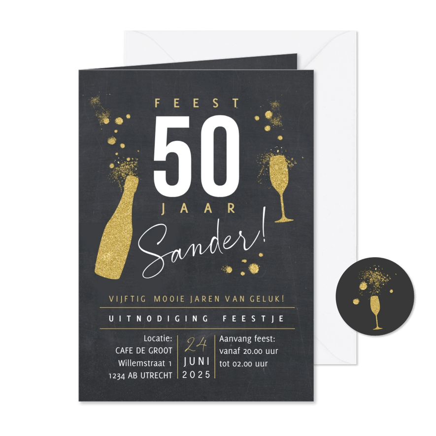 Uitnodiging glitterlook met glas en fles - Kaartimpressie