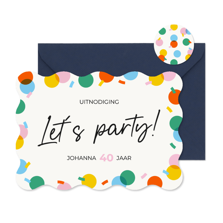 Uitnodiging golfvorm met gekleurde confetti let's party - Kaartimpressie