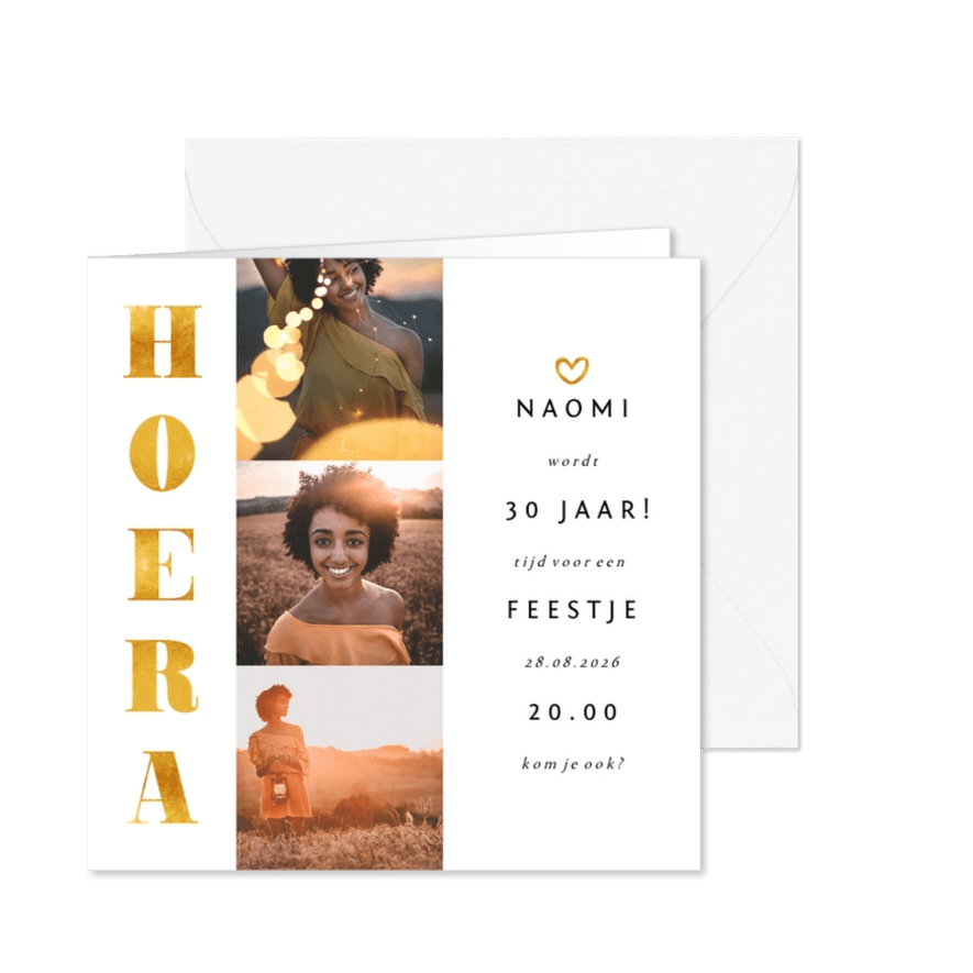 Uitnodiging gouden accenten met foto's vierkant - Kaartimpressie