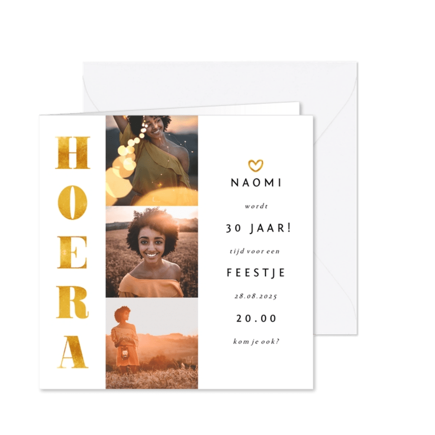 Uitnodiging gouden accenten met foto's vierkant - Kaartimpressie