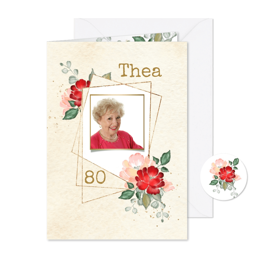 Uitnodiging gouden kaders met rode en roze rozen - Kaartimpressie