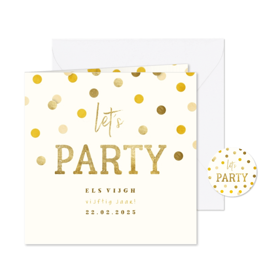 Uitnodiging gouden 'let's party' met confetti - Kaartimpressie
