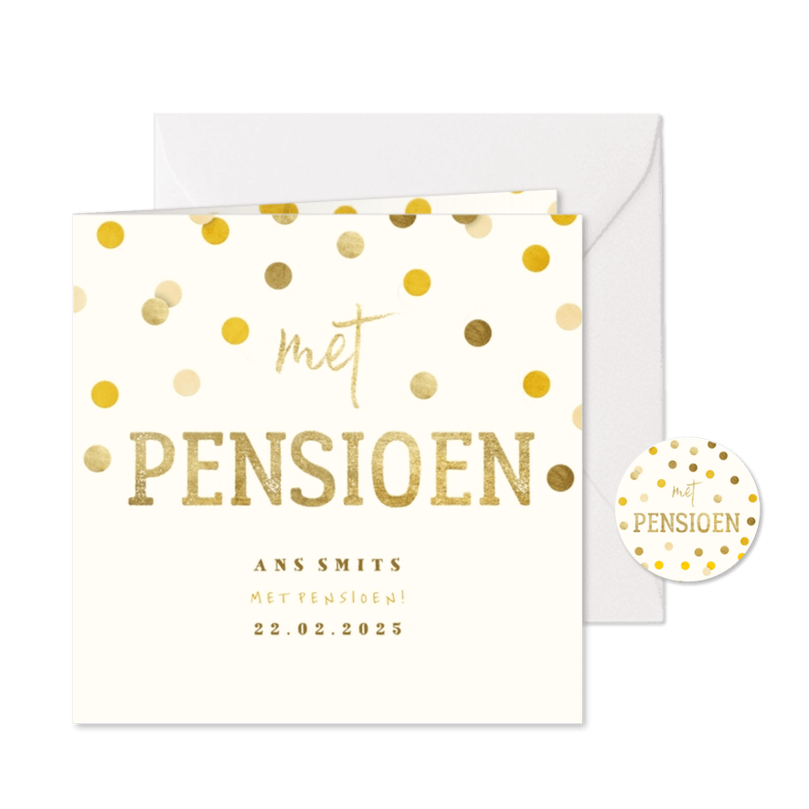 Uitnodiging gouden 'met pensioen' met confetti - Kaartimpressie