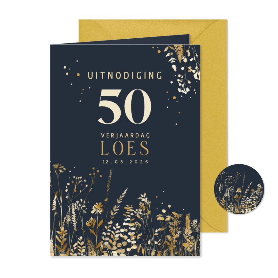 Uitnodiging goudlook takjes met donkere achtergrond - Kaartimpressie