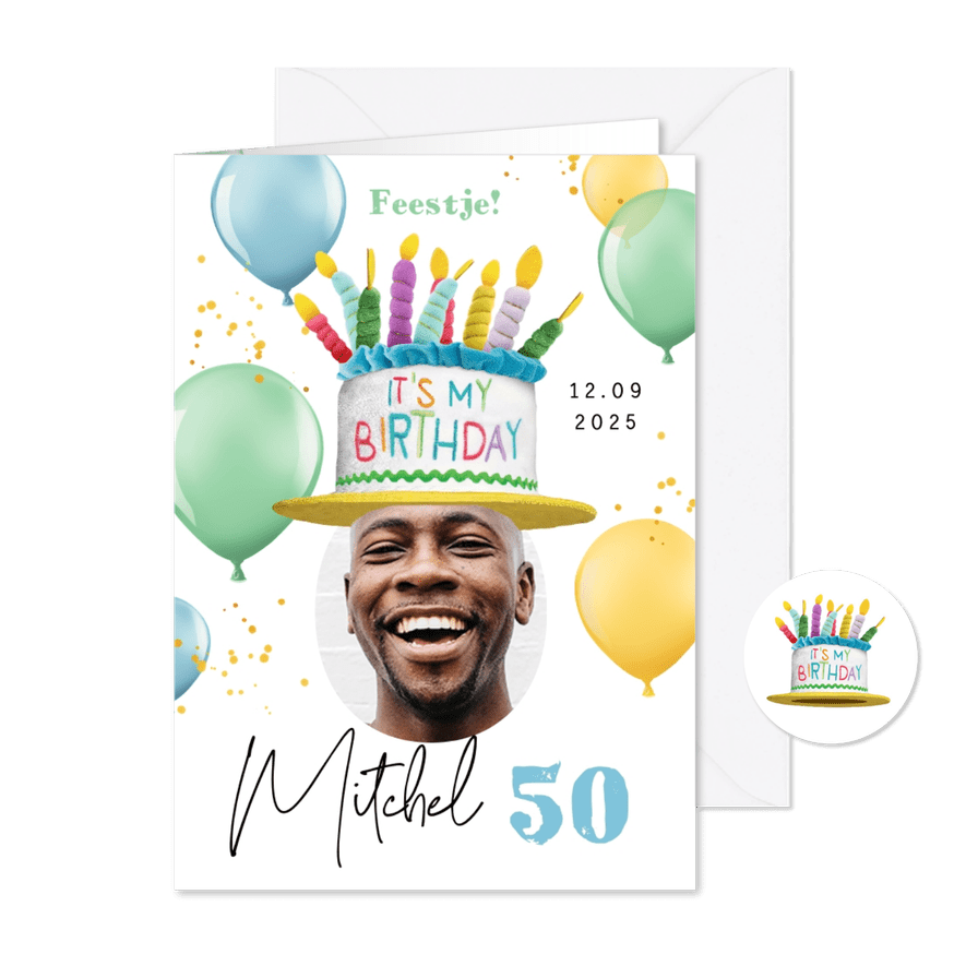 Uitnodiging grappig verjaardagsfeest taarthoed ballonnen - Kaartimpressie