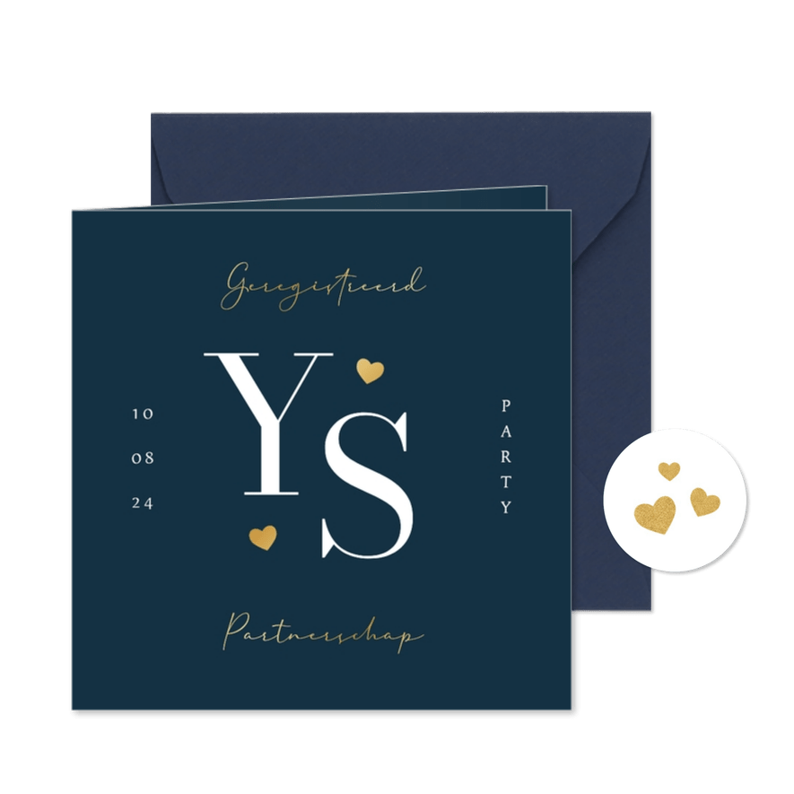 Uitnodiging grote gouden letters geregistreerd partnerschap  - Kaartimpressie