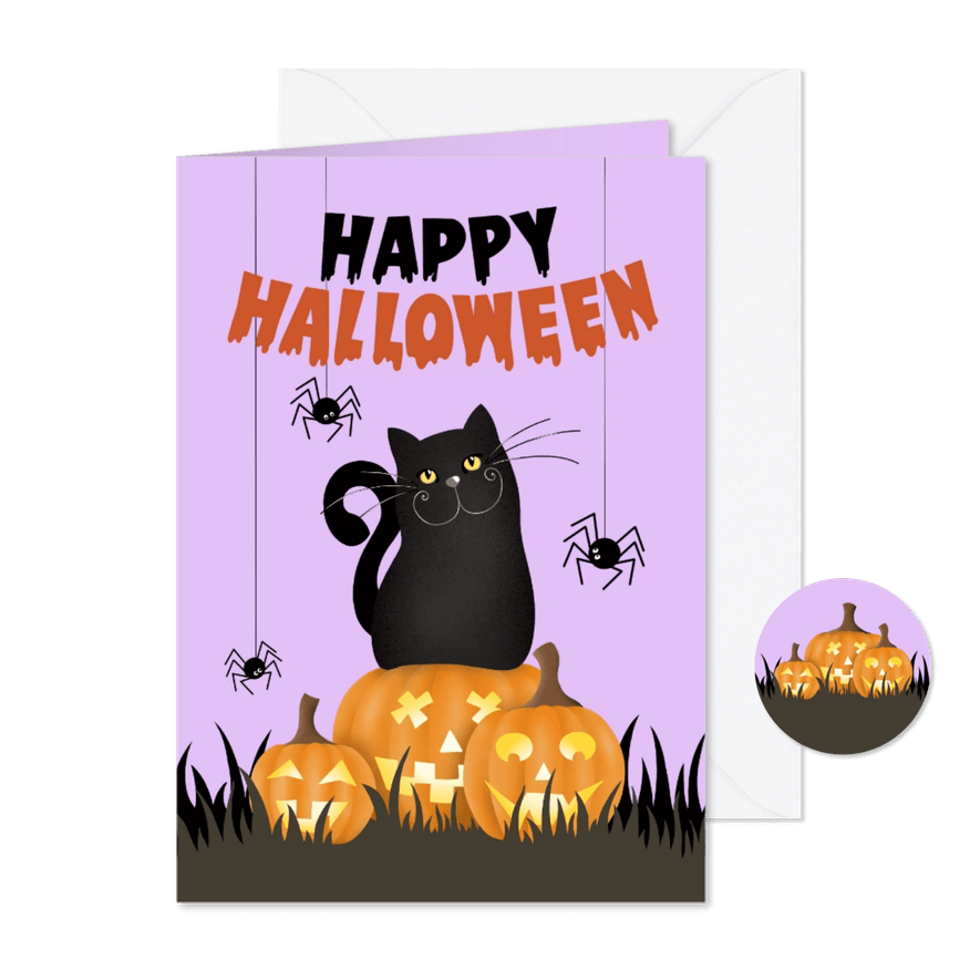 Uitnodiging halloween met kat spinnen en pompoenen - Kaartimpressie