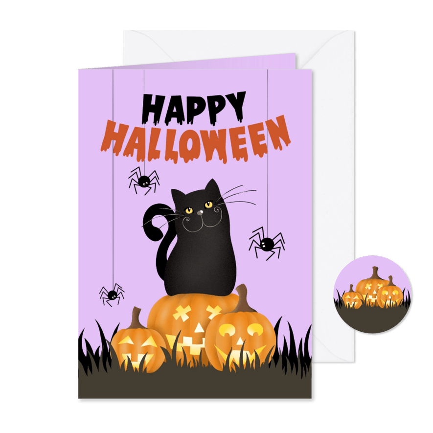 Uitnodiging halloween met kat spinnen en pompoenen - Kaartimpressie