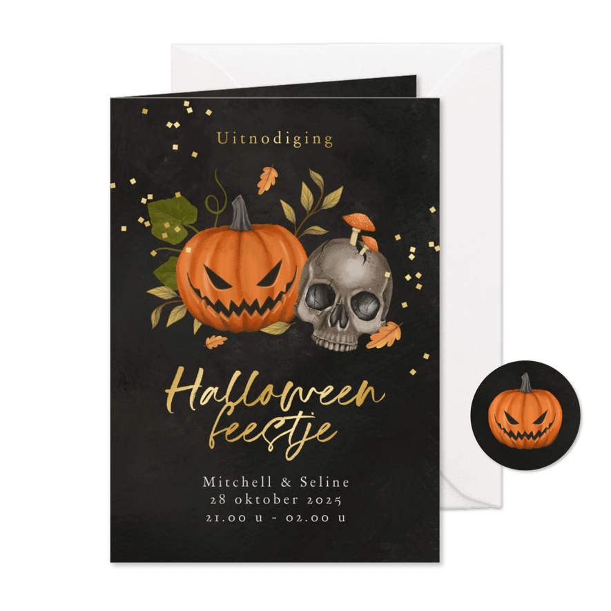 Uitnodiging Halloween pompoen schedel confetti herfst - Kaartimpressie