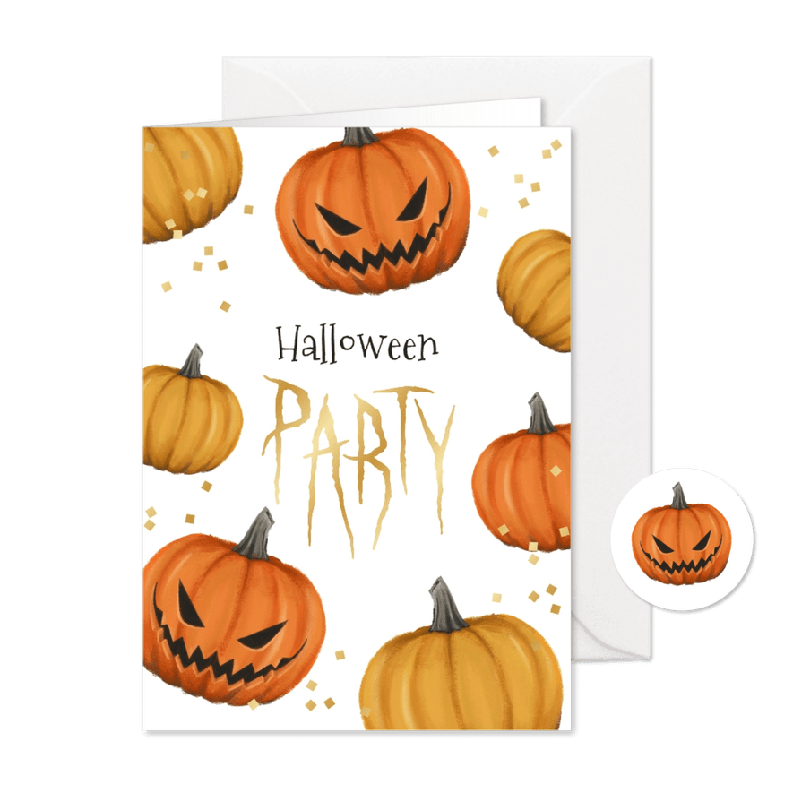 Uitnodiging halloweenfeest pompoenen confetti goud - Kaartimpressie