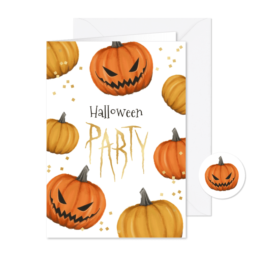 Uitnodiging halloweenfeest pompoenen confetti goud - Kaartimpressie