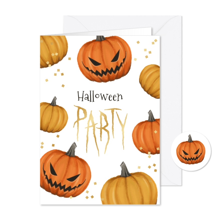 Uitnodiging halloweenfeest pompoenen confetti goud - Kaartimpressie