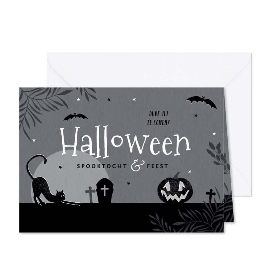 Uitnodiging halloweenfeest spooktocht donker pompoen kat - Kaartimpressie