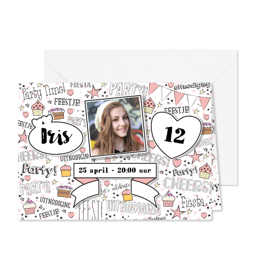 Uitnodiging handlettering trendy kaart met foto en banner - Kaartimpressie