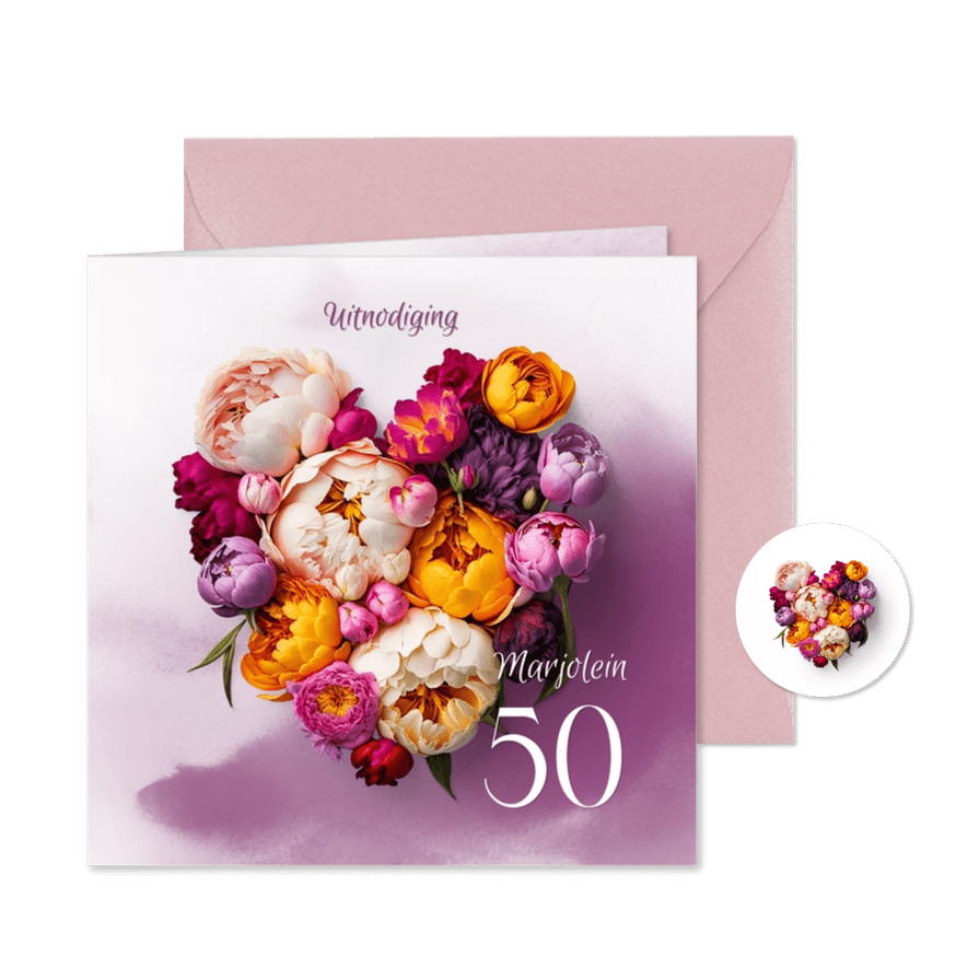 Uitnodiging hart van bloemen - Kaartimpressie