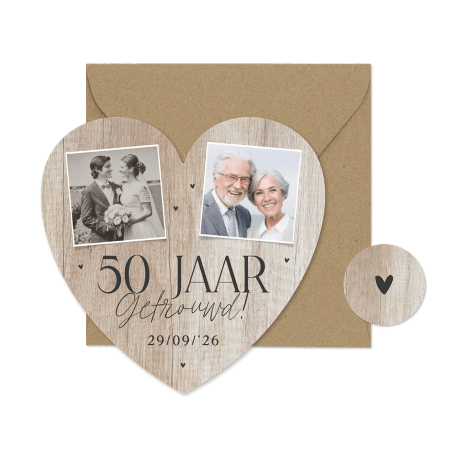 Uitnodiging hartvorm 50 jaar getrouwd fotocollage hout - Kaartimpressie