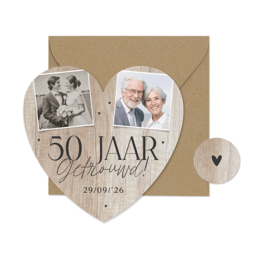 Uitnodiging hartvorm 50 jaar getrouwd fotocollage hout - Kaartimpressie